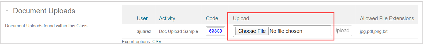 In the Document Uploads pane, the Choose File button in the Upload column is highlighted.